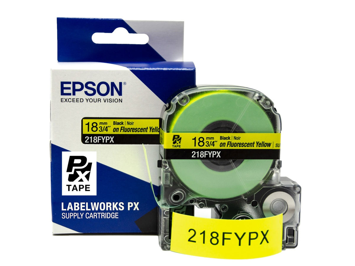 Epson LABELWORKS PX Fluorescent 3/4" (18mm) x 30 ft Black on Fluorescent Yellow Tape - 218FYPX