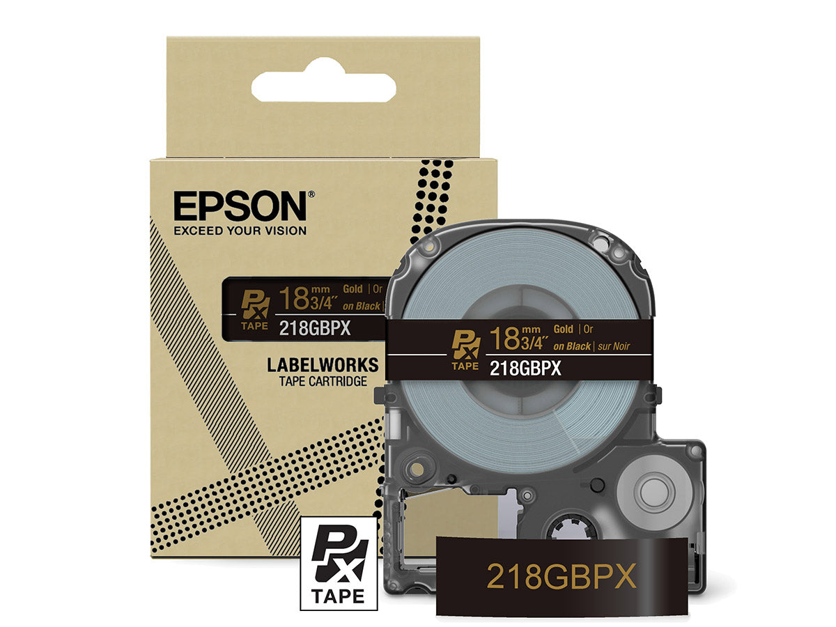 Epson LabelWorks PX Gold Imprint 3/4" (18mm) X 30 FT Gold on Black Tape - 218GBPX