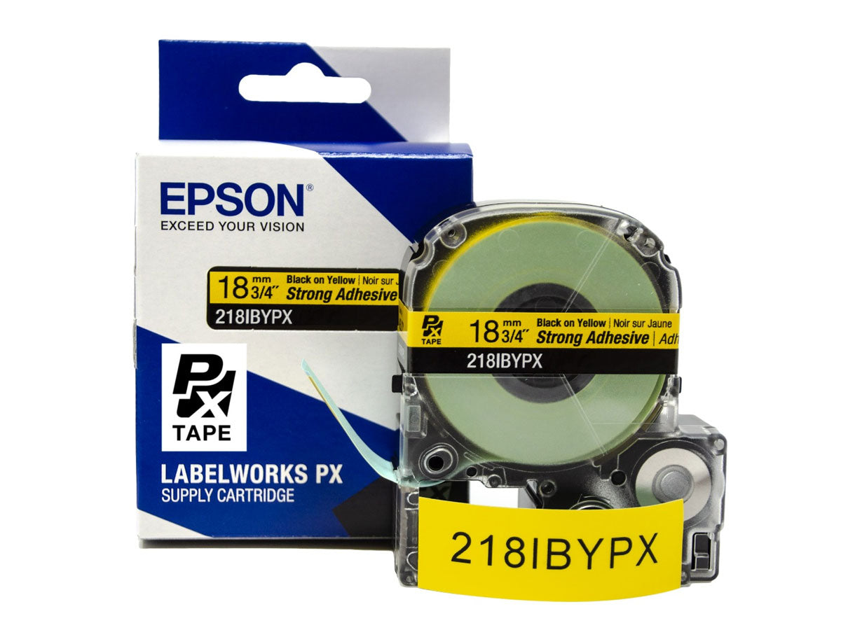 Epson LABELWORKS PX Strong Adhesive 3/4" (18mm) x 30 ft Black on Yellow Tape - 218IBYPX