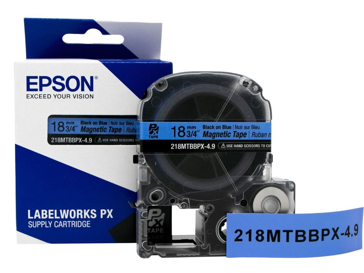 Epson LABELWORKS PX Magnetic 3/4" (18mm) x 4.9 ft Black on Blue Tape - 218MTBBPX-4.9