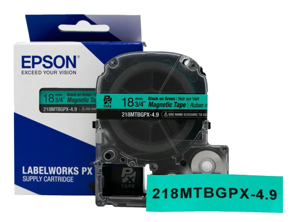 Epson LABELWORKS PX Magnetic 3/4" (18mm) x 4.9 ft Black on Green Tape - 218MTBGPX-4.9