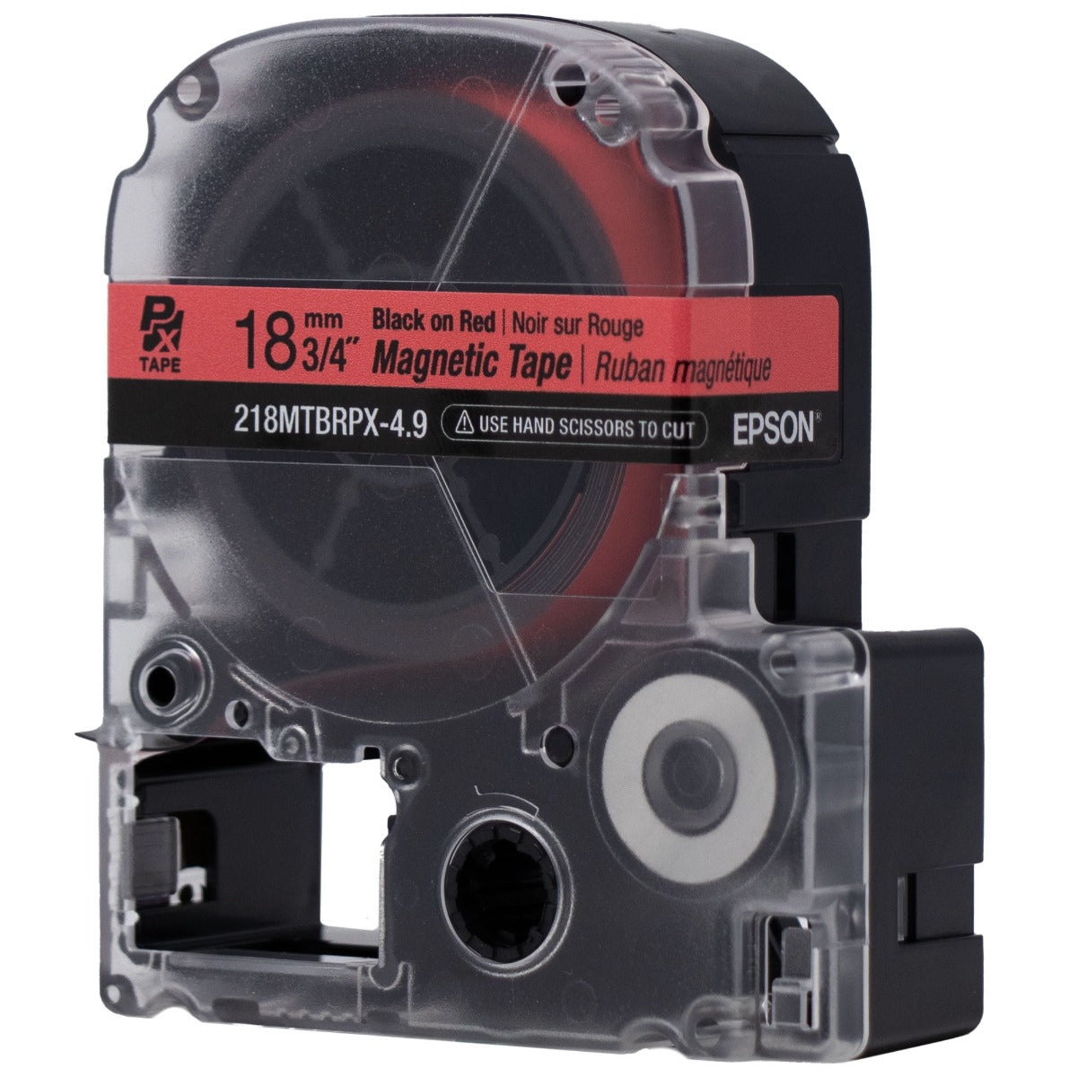 Epson LABELWORKS PX Magnetic 3/4" (18mm) x 4.9 ft Black on Red Tape - 218MTBRPX-4.9