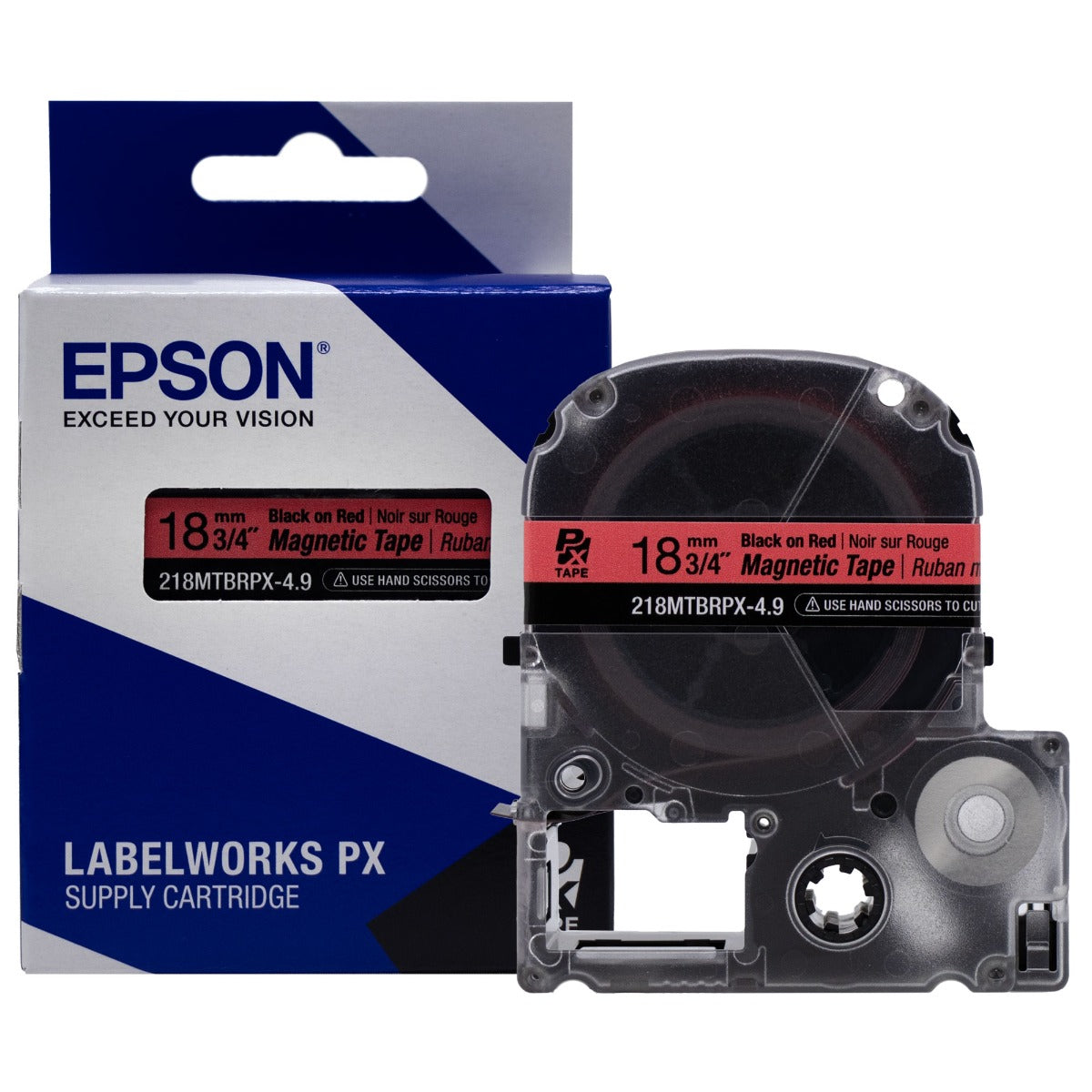 Epson LABELWORKS PX Magnetic 3/4" (18mm) x 4.9 ft Black on Red Tape - 218MTBRPX-4.9