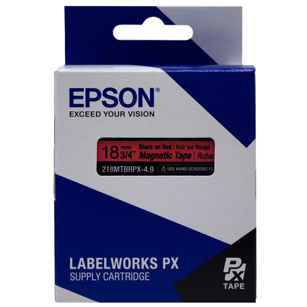 Epson LABELWORKS PX Magnetic 3/4" (18mm) x 4.9 ft Black on Red Tape - 218MTBRPX-4.9