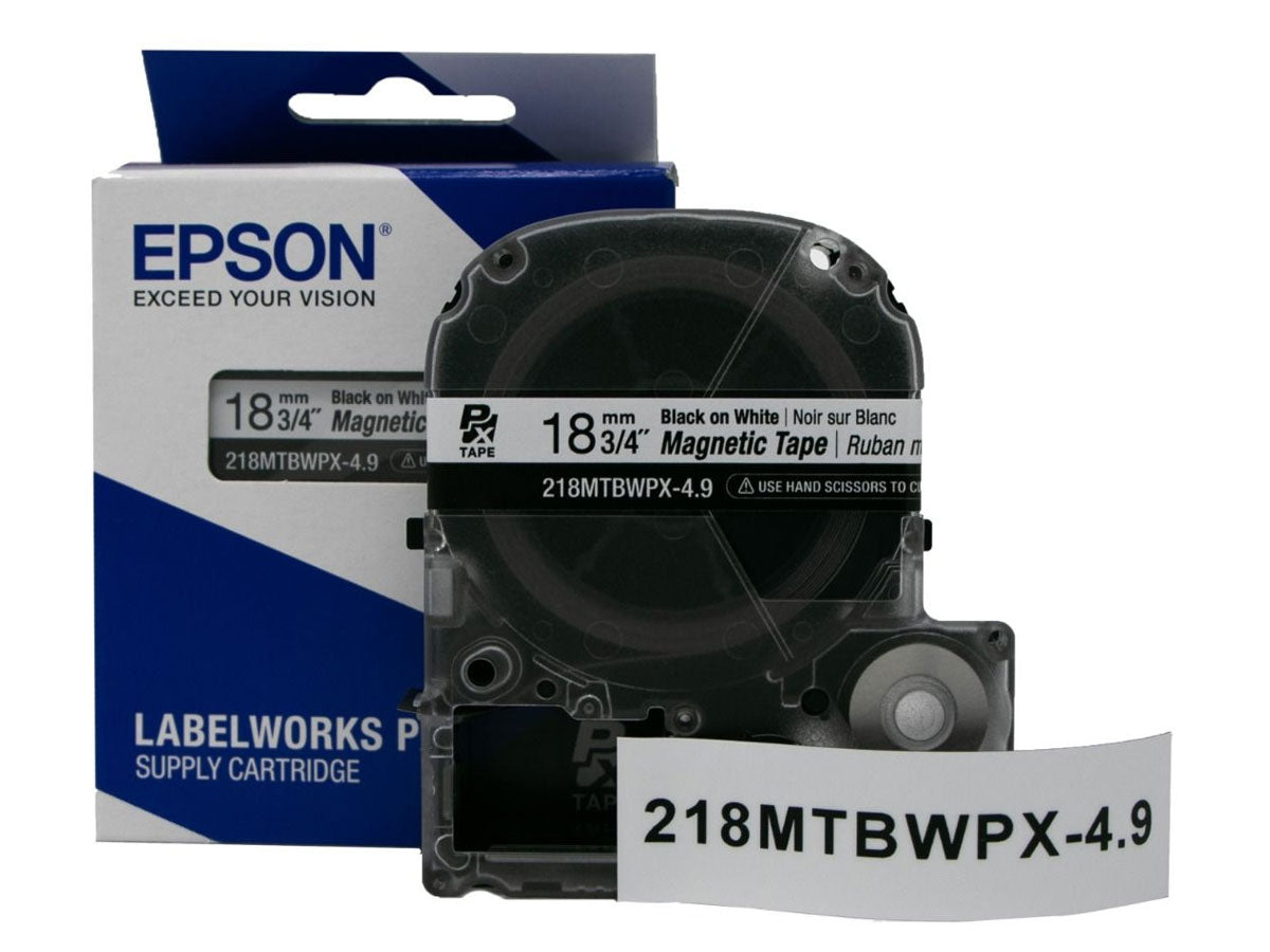Epson LABELWORKS PX Magnetic 3/4" (18mm) x 4.9 ft Black on White Tape - 218MTBWPX-4.9