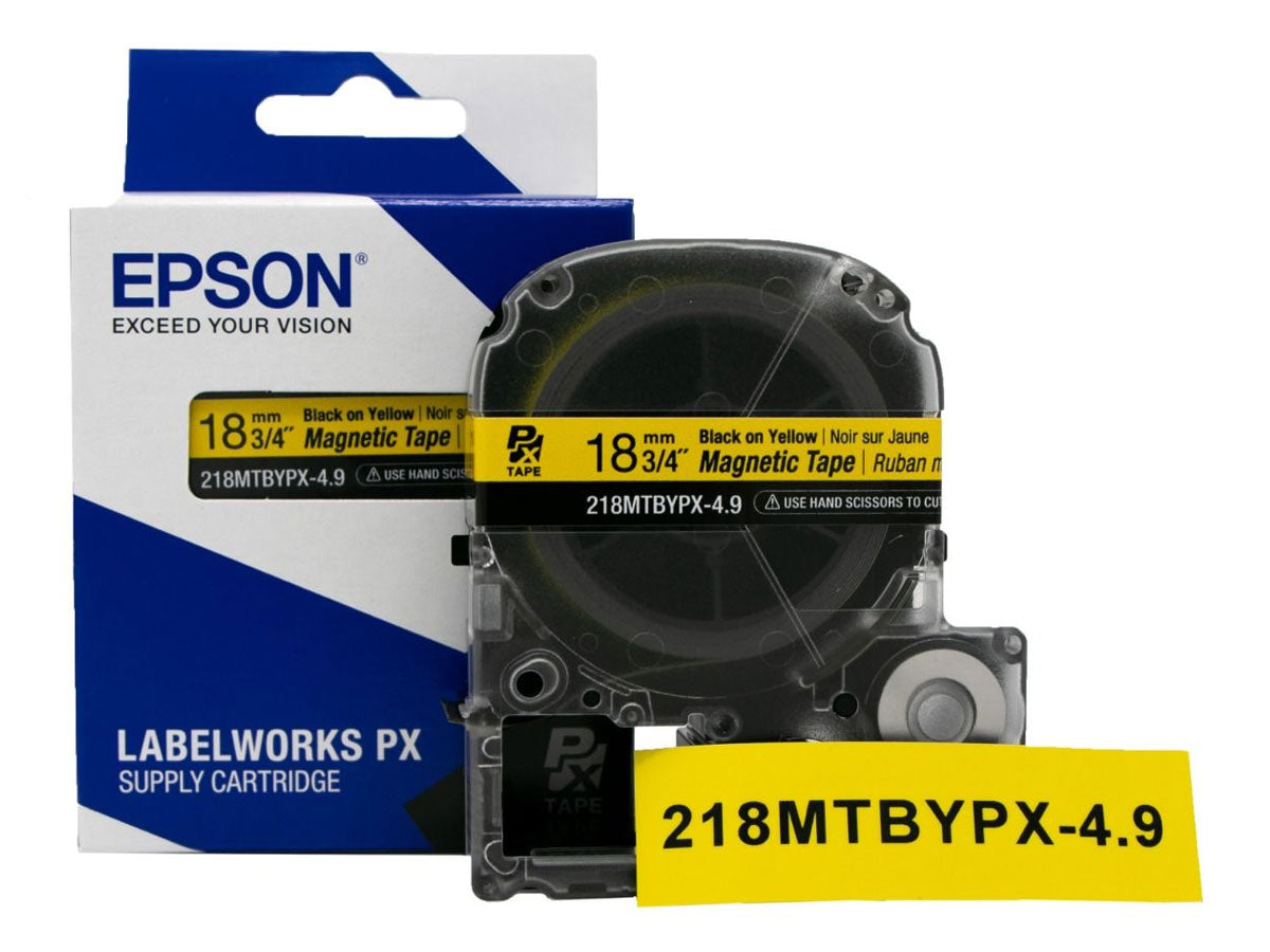 Epson LABELWORKS PX Magnetic 3/4" (18mm) x 4.9 ft Black on Yellow Tape - 218MTBYPX-4.9