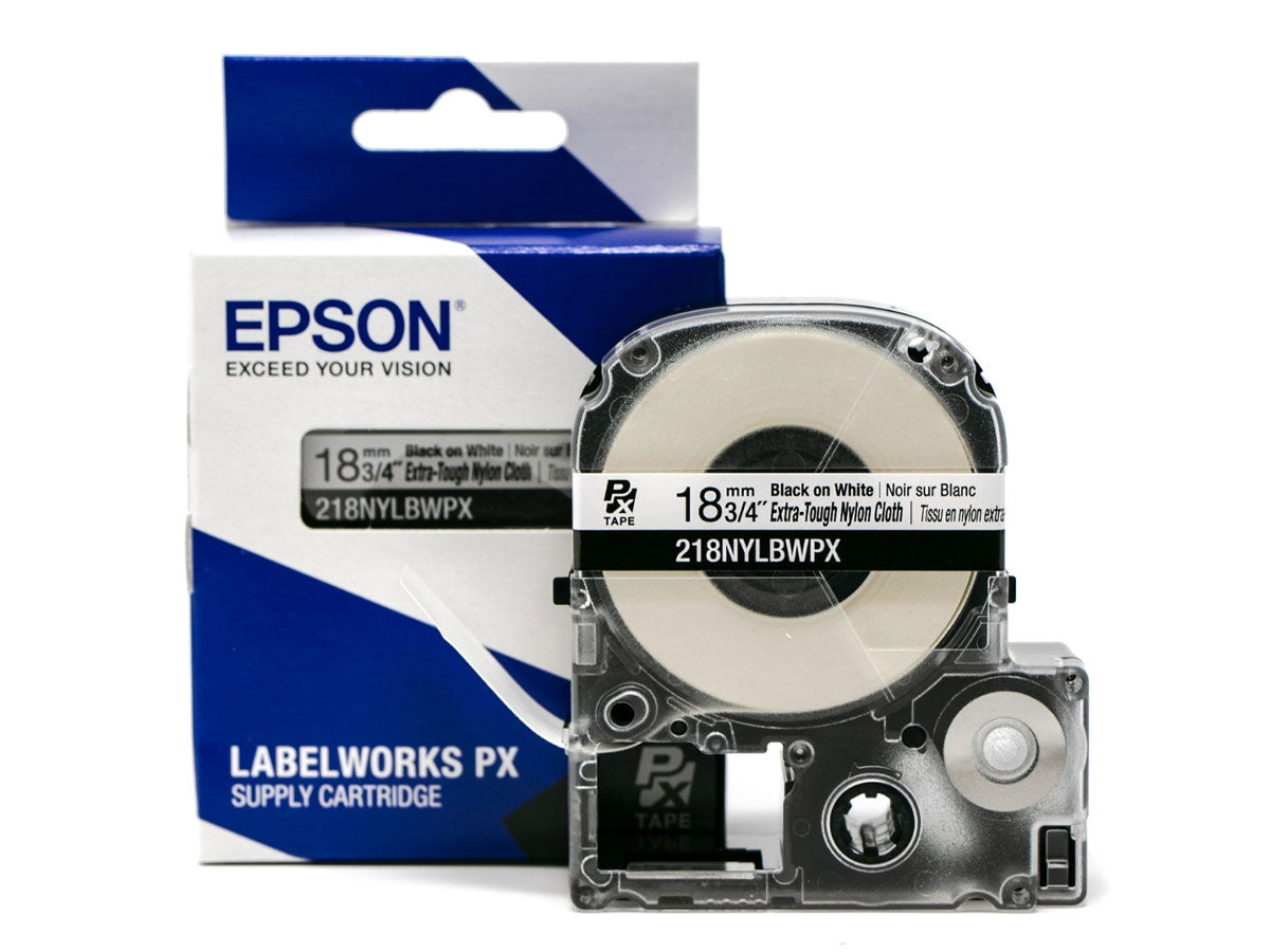Epson LabelWorks PX Extra-Tough Nylon Cloth 3/4" x 19’ Black on White Tape - 218NYLBWPX
