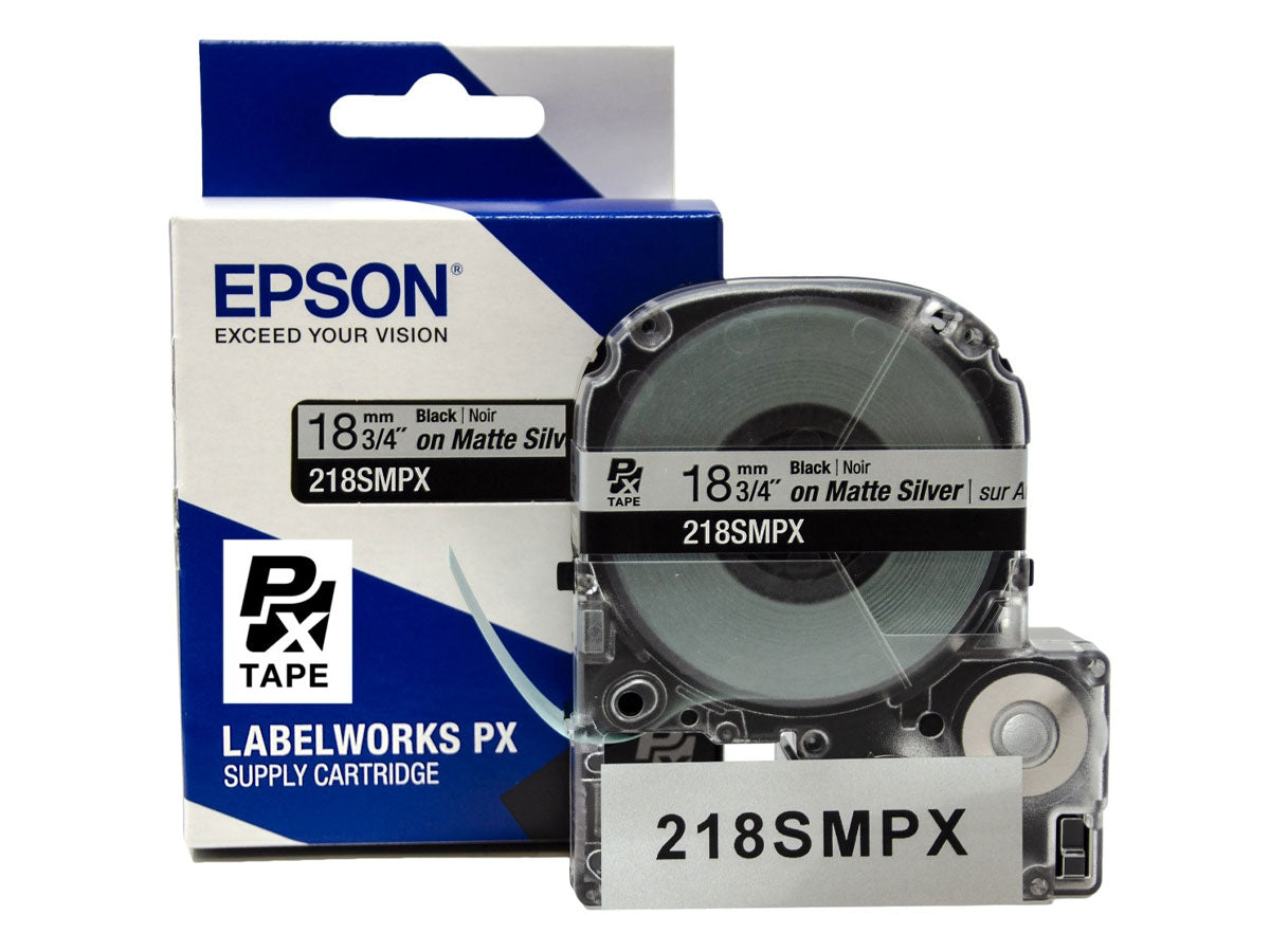 Epson LABELWORKS PX Silver Matte 3/4" ((18mm) x 30 ft Black on Silver Matte Tape - 218SMPX