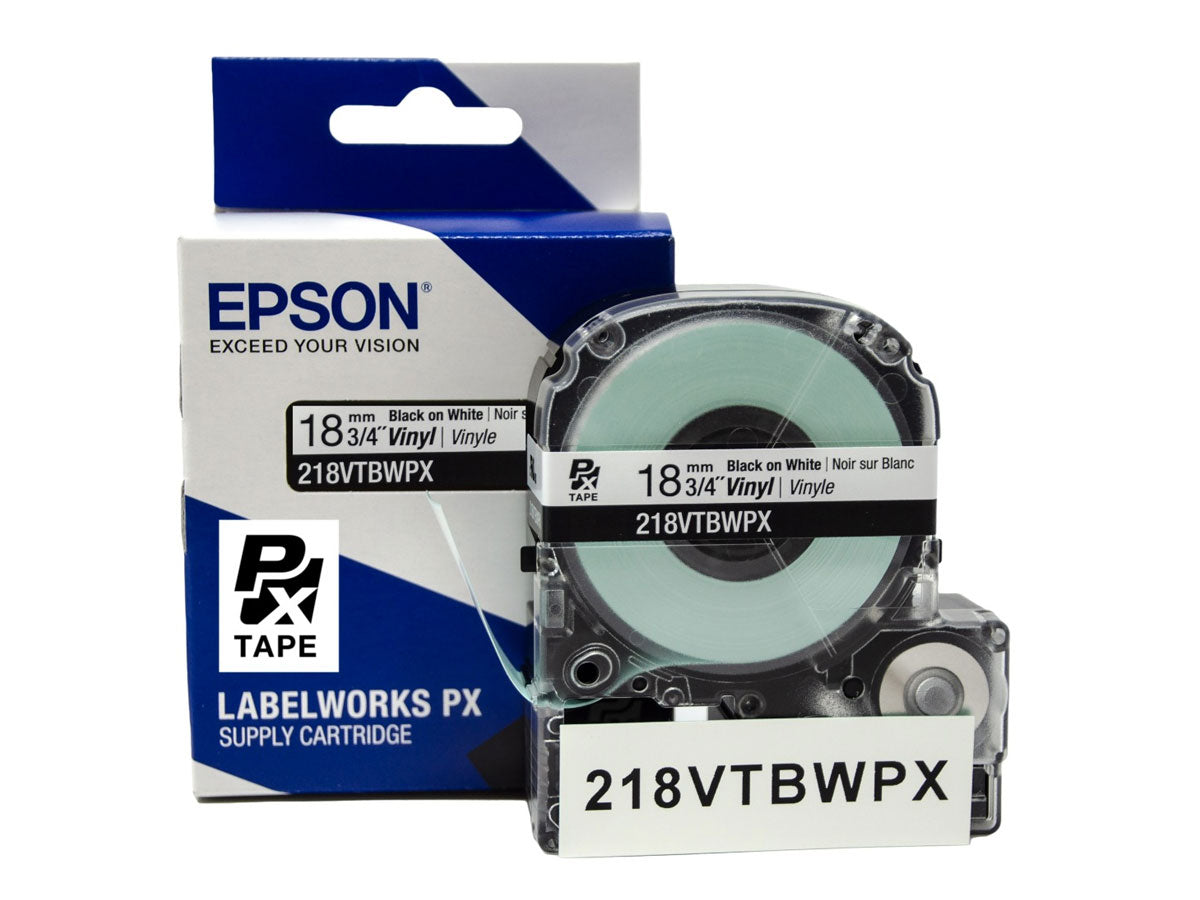 Epson LABELWORKS PX Vinyl 3/4" (18mm)  x 22.9 ft Black on White Tape - 218VTBWPX