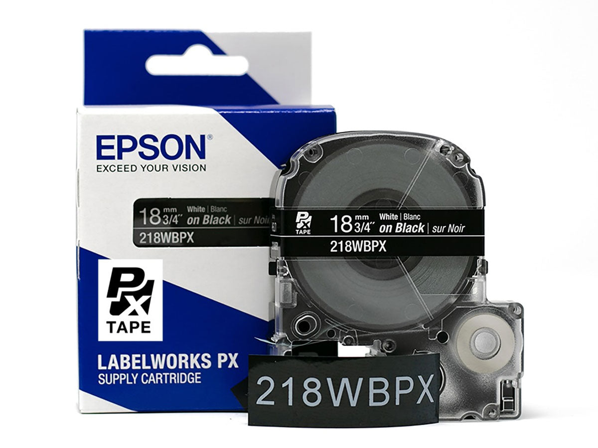 Epson LABELWORKS PX Standard 3/4" (18mm) x 30 ft White on Black Tape - 218WBPX
