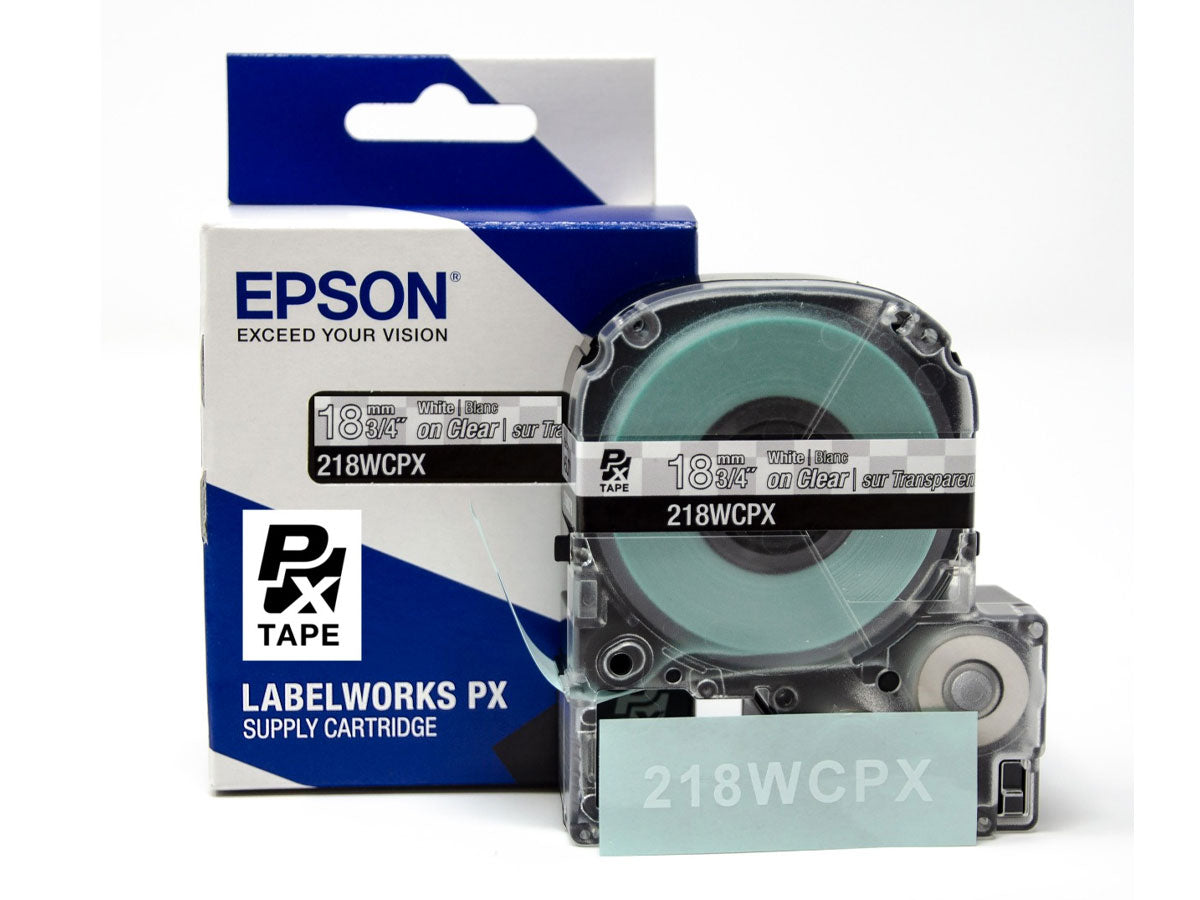 Epson LABELWORKS PX Standard 3/4" (18mm) x 30 ft White on Clear Tape - 218WCPX