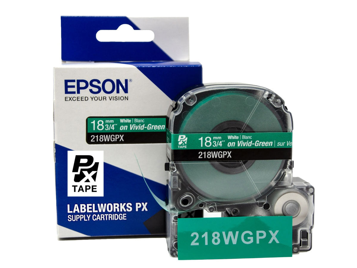 Epson LABELWORKS PX Standard 3/4" (18mm) x 30 ft White on Vivid-Green Tape - 218WGPX