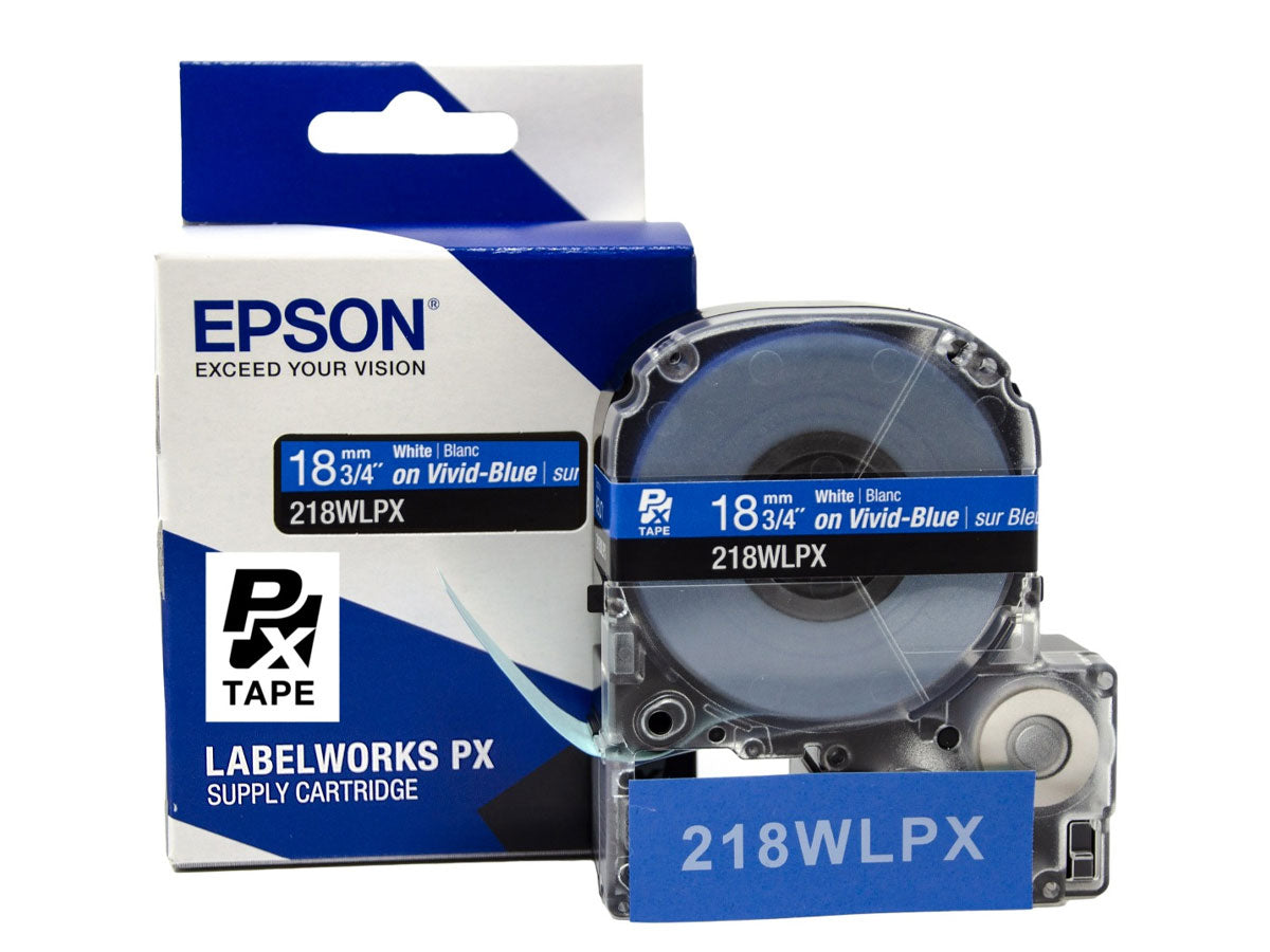 Epson LABELWORKS PX Standard 3/4" (18mm) x 30 ft White on Vivid-Blue Tape - 218WLPX