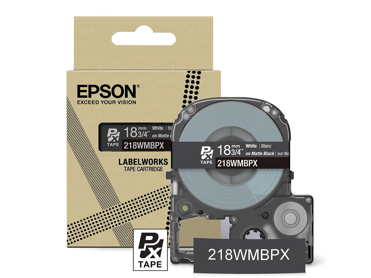 Epson LabelWorks PX Matte 3/4" (18mm) X 26 FT White on Matte Black Tape - 218WMBPX