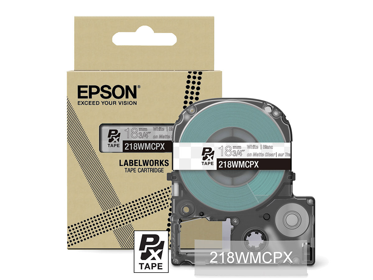 Epson LabelWorks PX Matte 3/4" (18mm) X 26 FT White on Clear Matte Tape - 218WMCPX