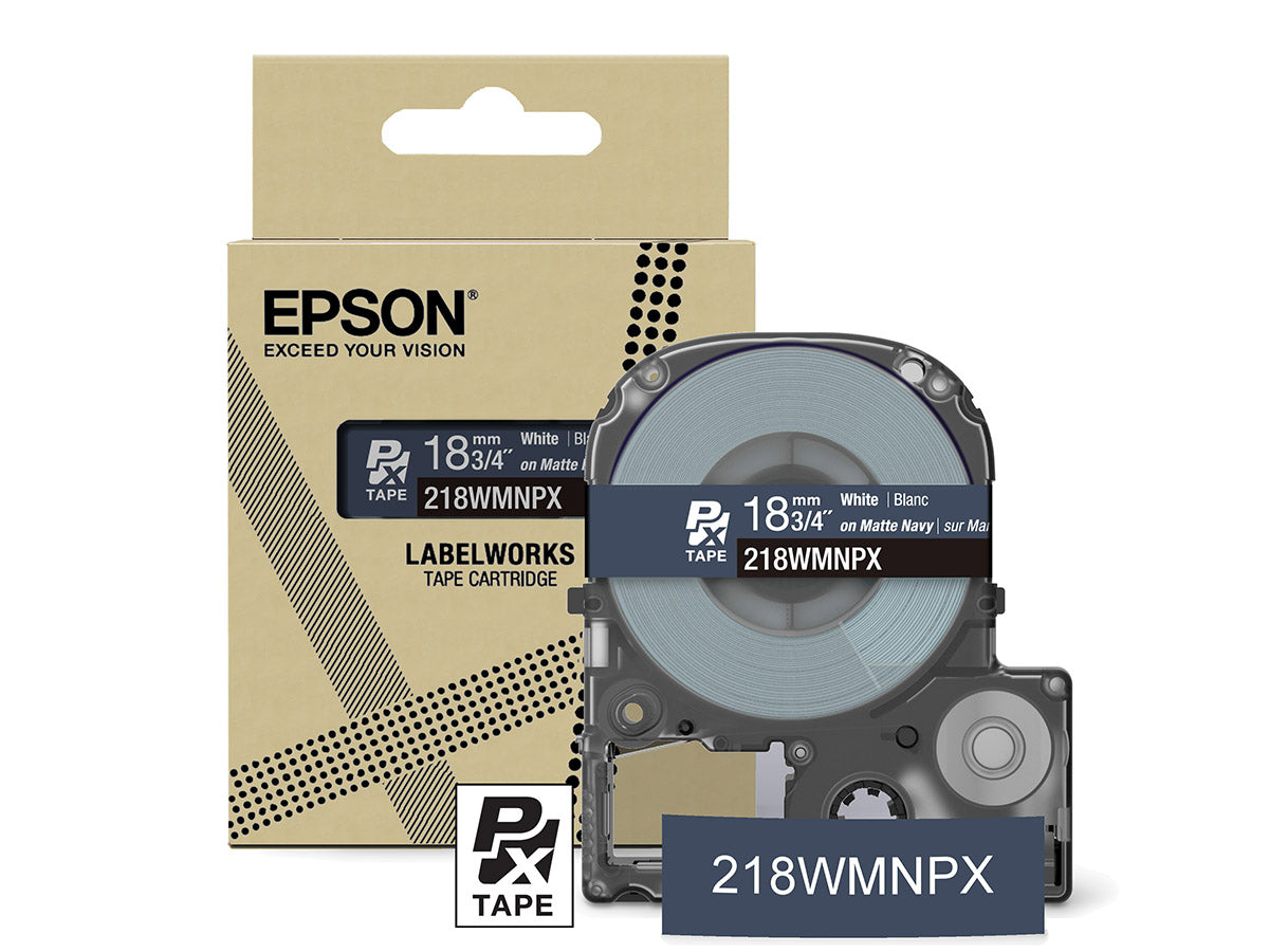 Epson LabelWorks PX Matte 3/4" (18mm) X 26 FT White on Matte Navy Tape - 218WMNPX
