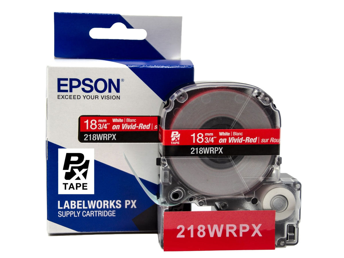 Epson LABELWORKS PX Standard 3/4" (18mm) x 30 ft White on Vivid-Red Tape - 218WRPX
