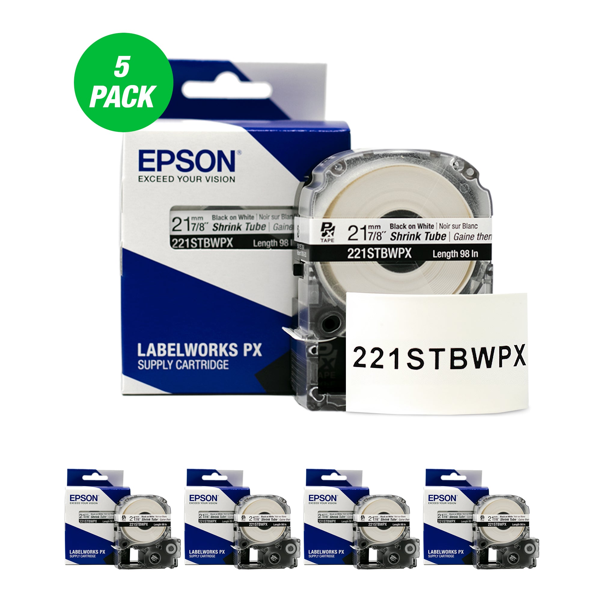 Epson LABELWORKS PX Shrink Tube 7/8" (AWG 0000-1) x 98" Black on White Tape 5 Pack - 221STBWPX-5PK