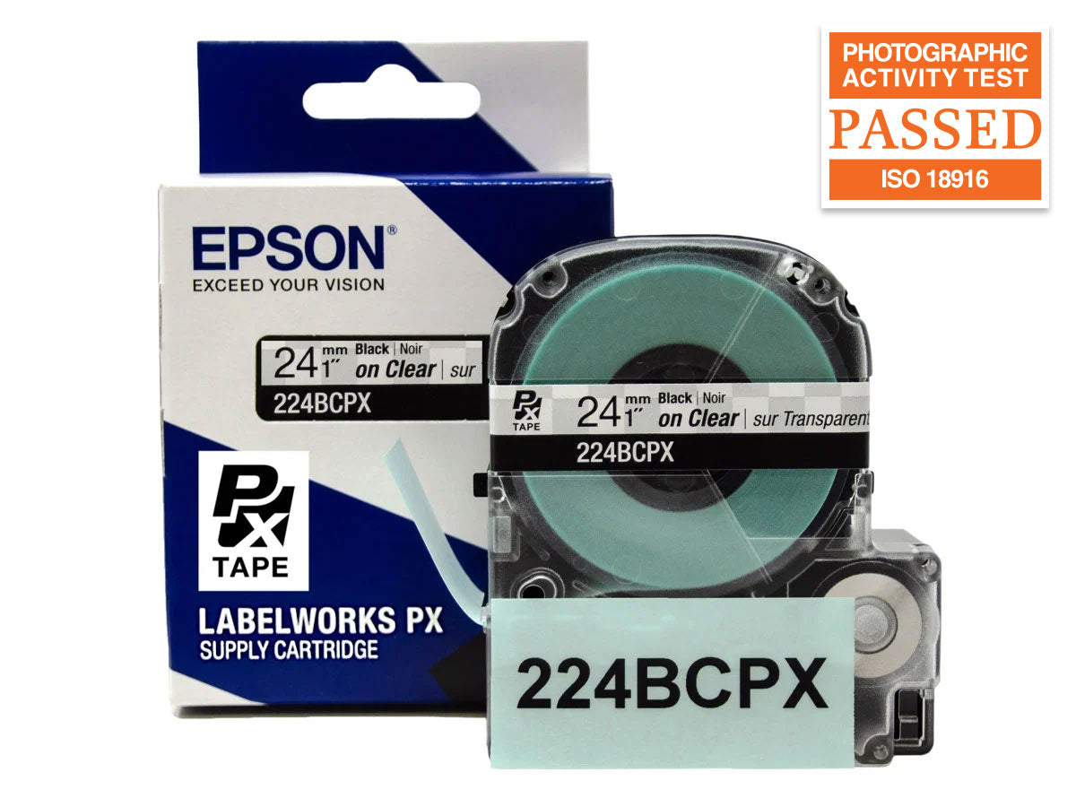 Epson LABELWORKS PX Standard 1" (24mm) x 30 ft Black on Clear Tape - 224BCPX