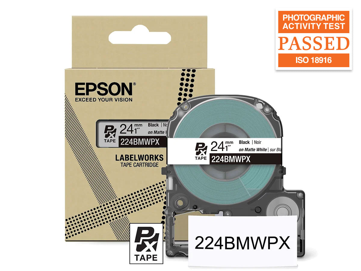 Epson LabelWorks PX Matte 1" (24mm) X 26 FT Black on White Matte Tape - 224BMWPX