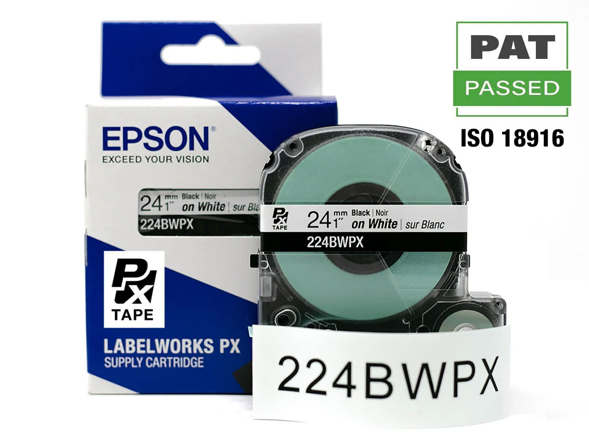 Epson LABELWORKS PX Standard 1" (24mm) x 30 ft Black on White Tape - 224BWPX