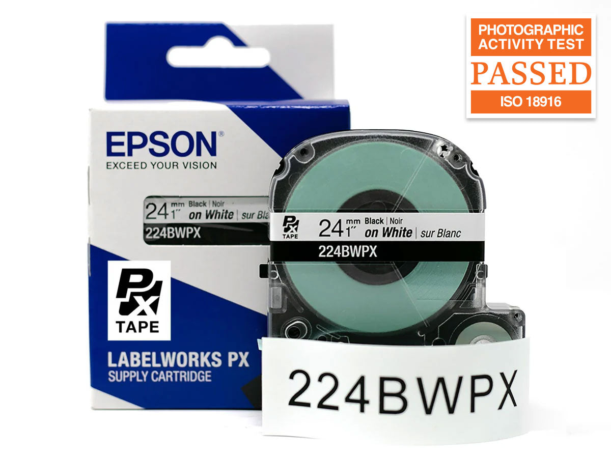 Epson LABELWORKS PX Standard 1" (24mm) x 30 ft Black on White Tape - 224BWPX