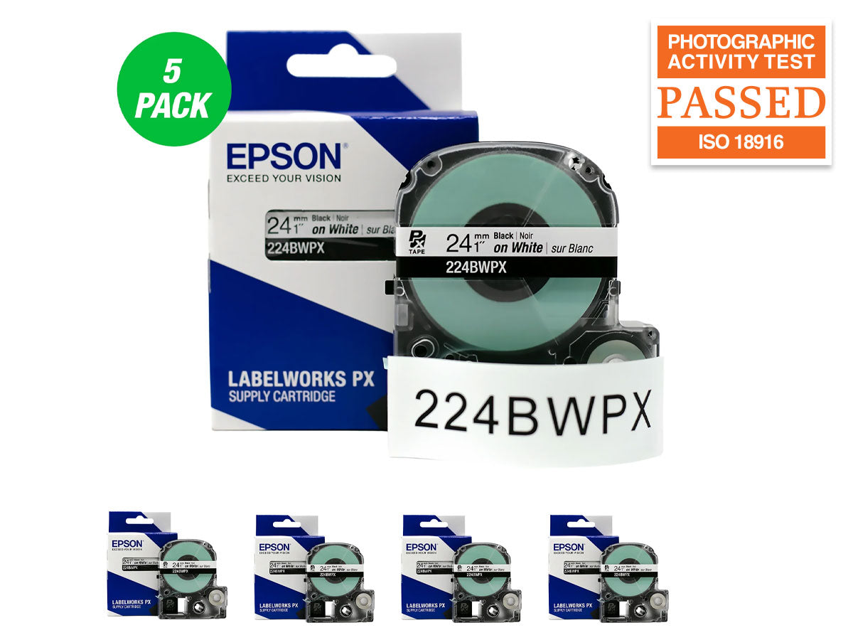 Epson LABELWORKS PX Standard 1" (24mm) x 30 ft Black on White Tape 5 Pack - 224BWPX-5PK