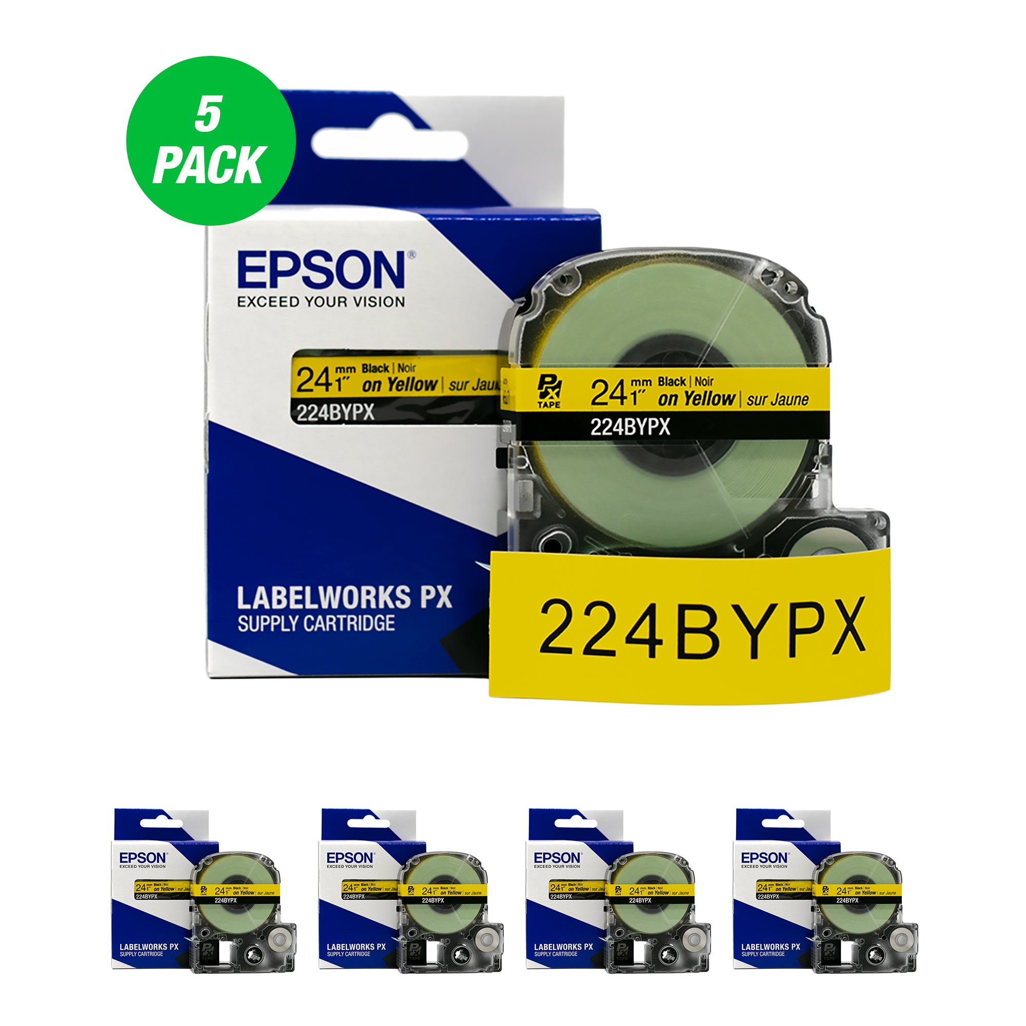 Epson LABELWORKS PX Standard 1" (24mm) x 30 ft Black on Yellow Tape 5 Pack - 224BYPX-5PK