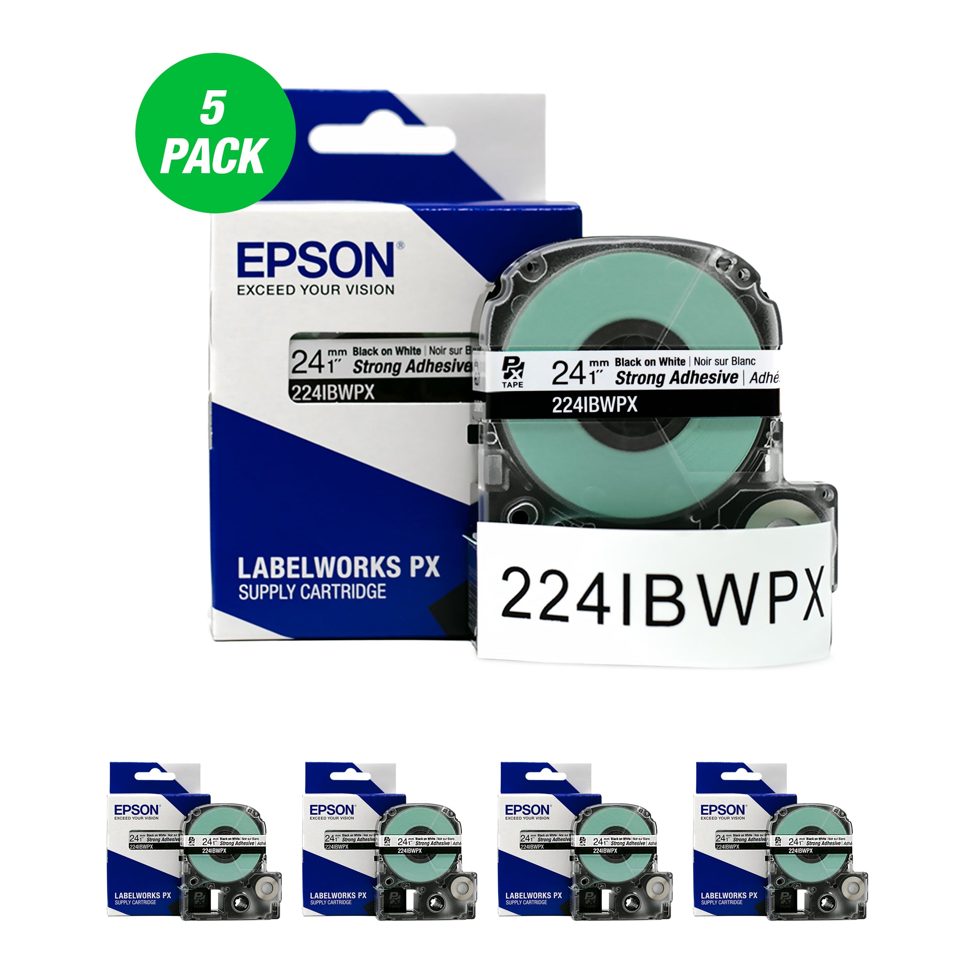 Epson LABELWORKS PX Strong Adhesive 1" (24mm) x 30 ft Black on White Tape 5 Pack - 224IBWPX-5PK