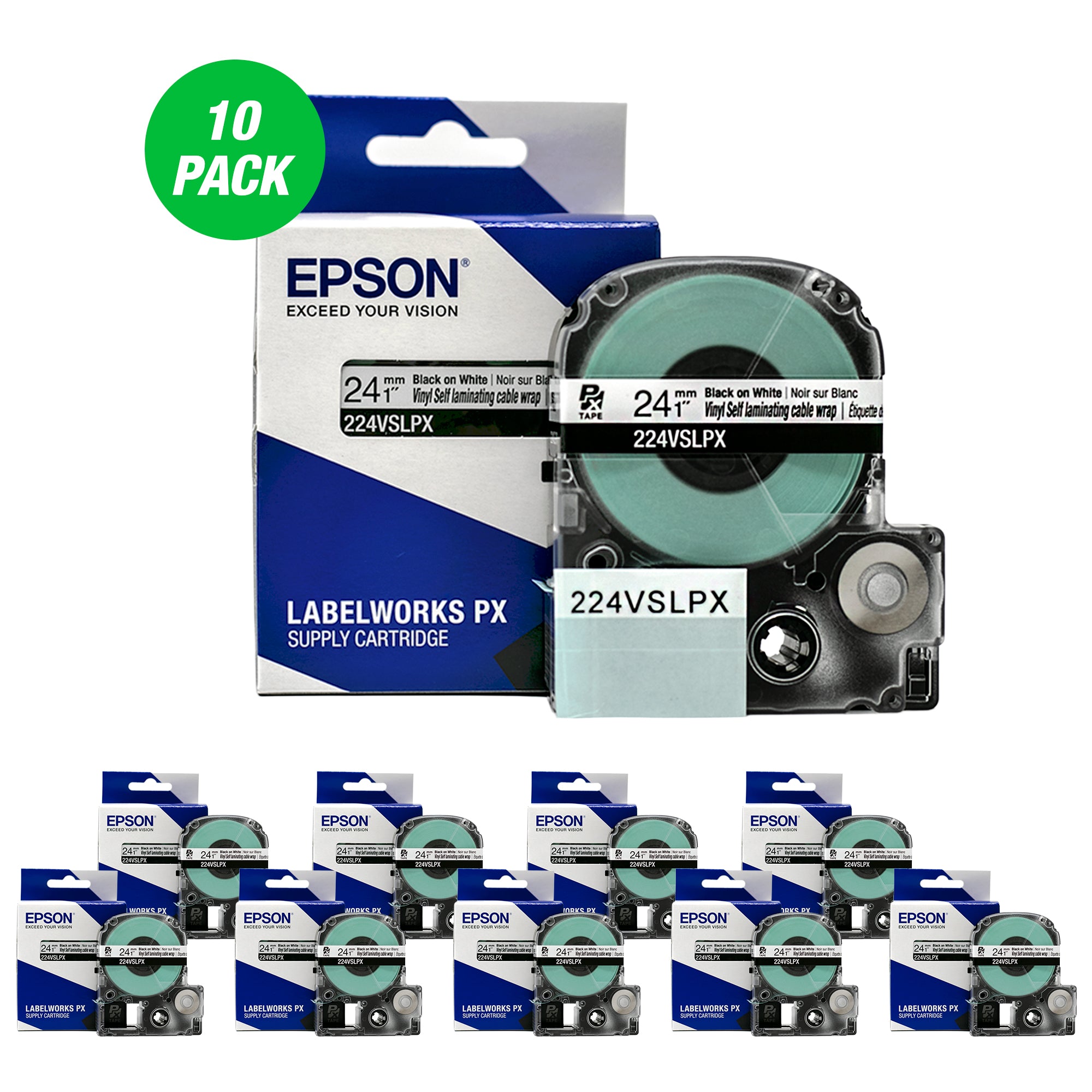 Epson LABELWORKS PX Vinyl Self Lamination Overwrap 1" (24mm) x 26.2 ft Tape 10 Pack - 224VSLPX-10PK