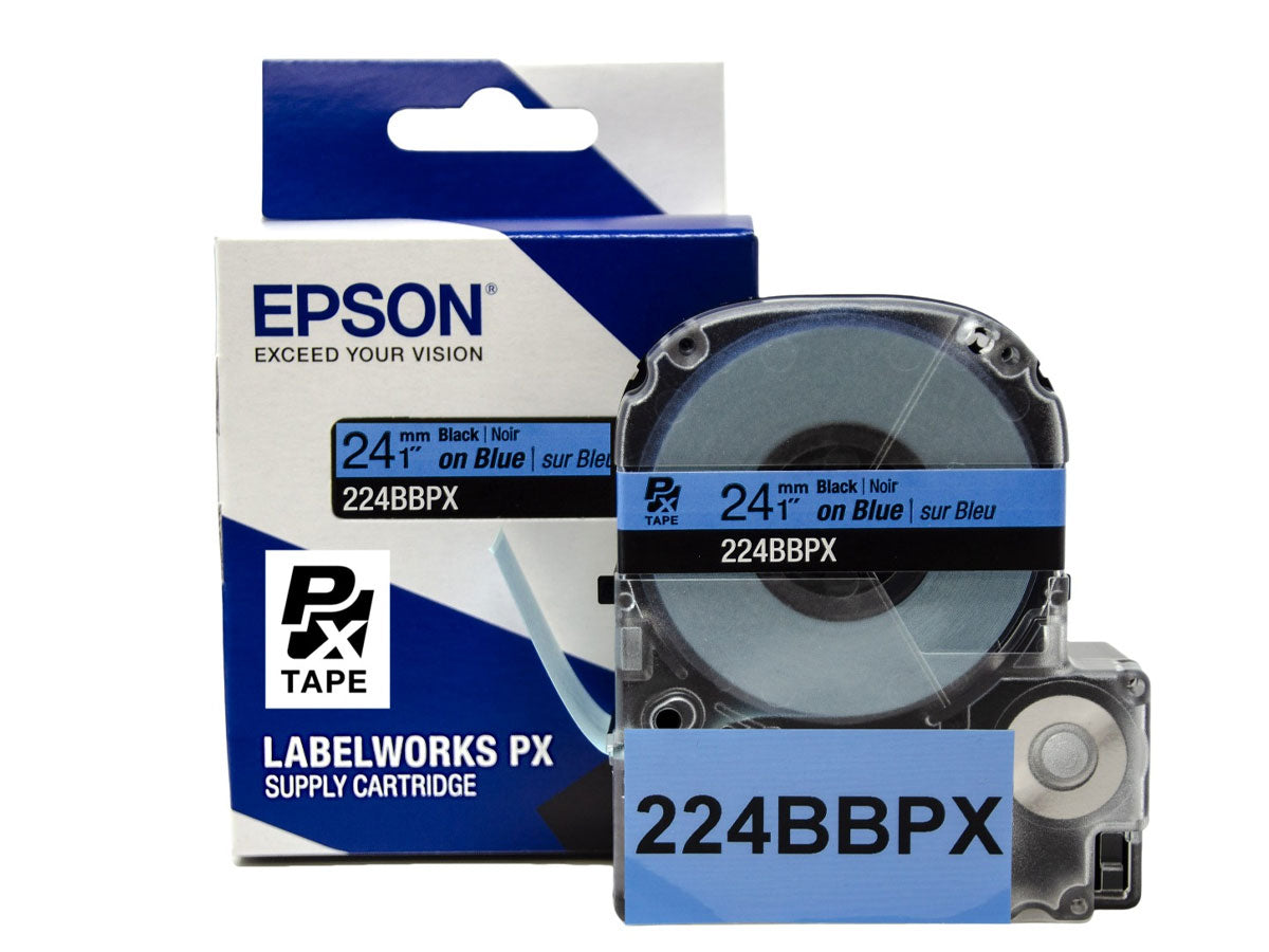 Epson LABELWORKS PX Standard 1" (24mm) x 30 ft Black on Blue Tape - 224BBPX