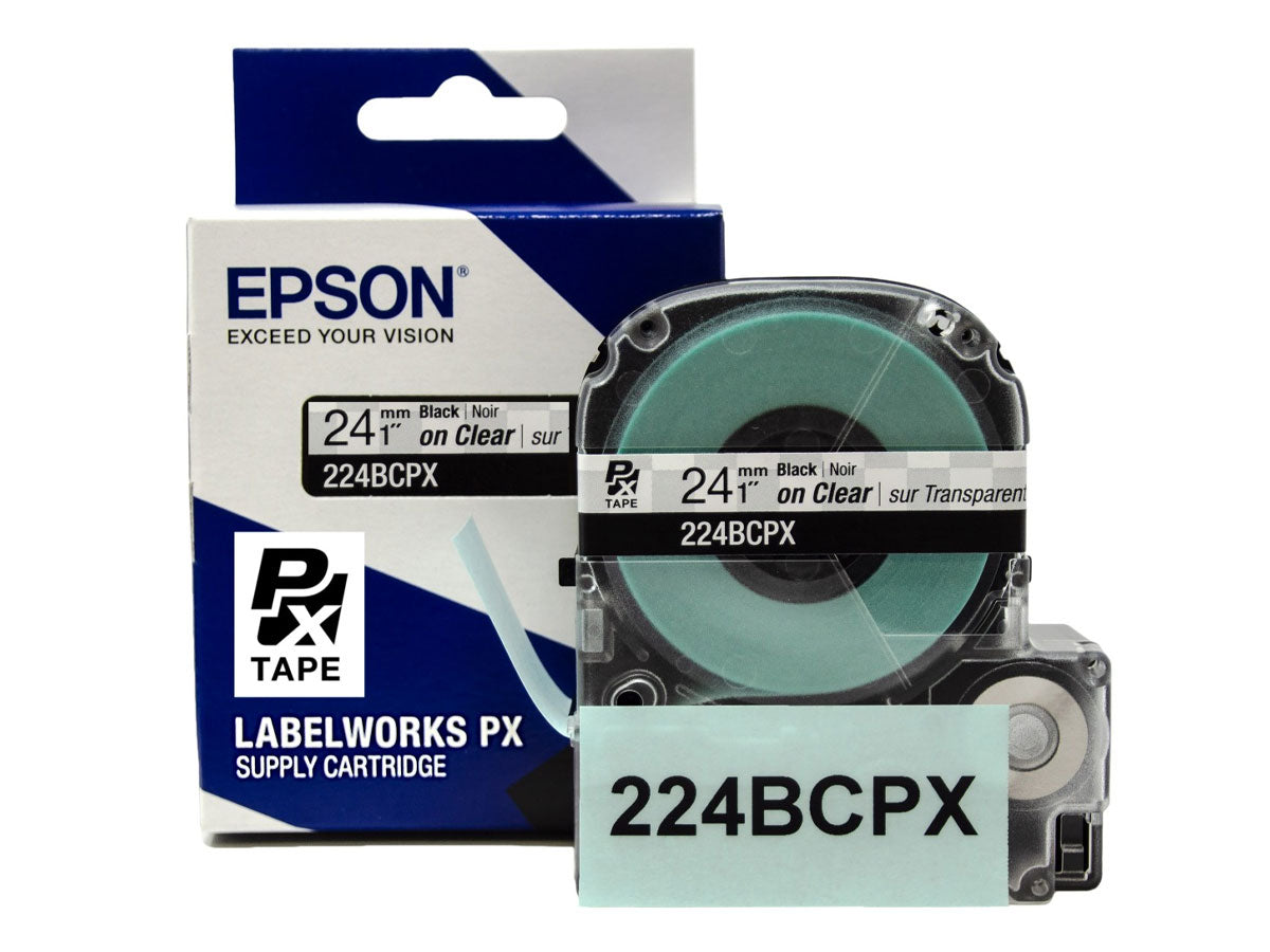 Epson LABELWORKS PX Standard 1" (24mm) x 30 ft Black on Clear Tape - 224BCPX