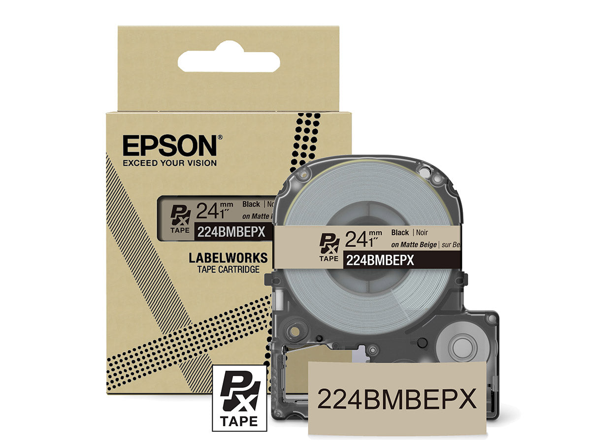 Epson LabelWorks PX Matte 1" (24mm) X 26 FT Black on Matte Beige Tape - 224BMBEPX