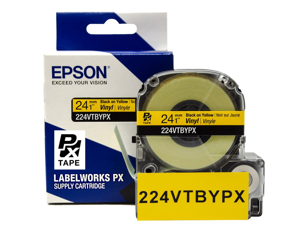 Epson LABELWORKS PX Vinyl 1" (24mm)  x 22.9 ft Black on Yellow Tape - 224VTBYPX