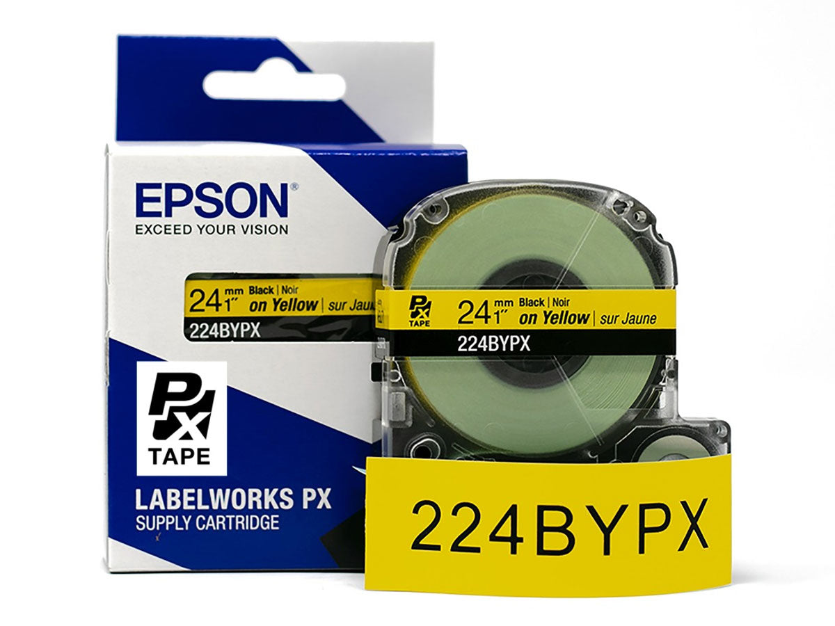Epson LABELWORKS PX Standard 1" (24mm) x 30 ft Black on Yellow Tape - 224BYPX