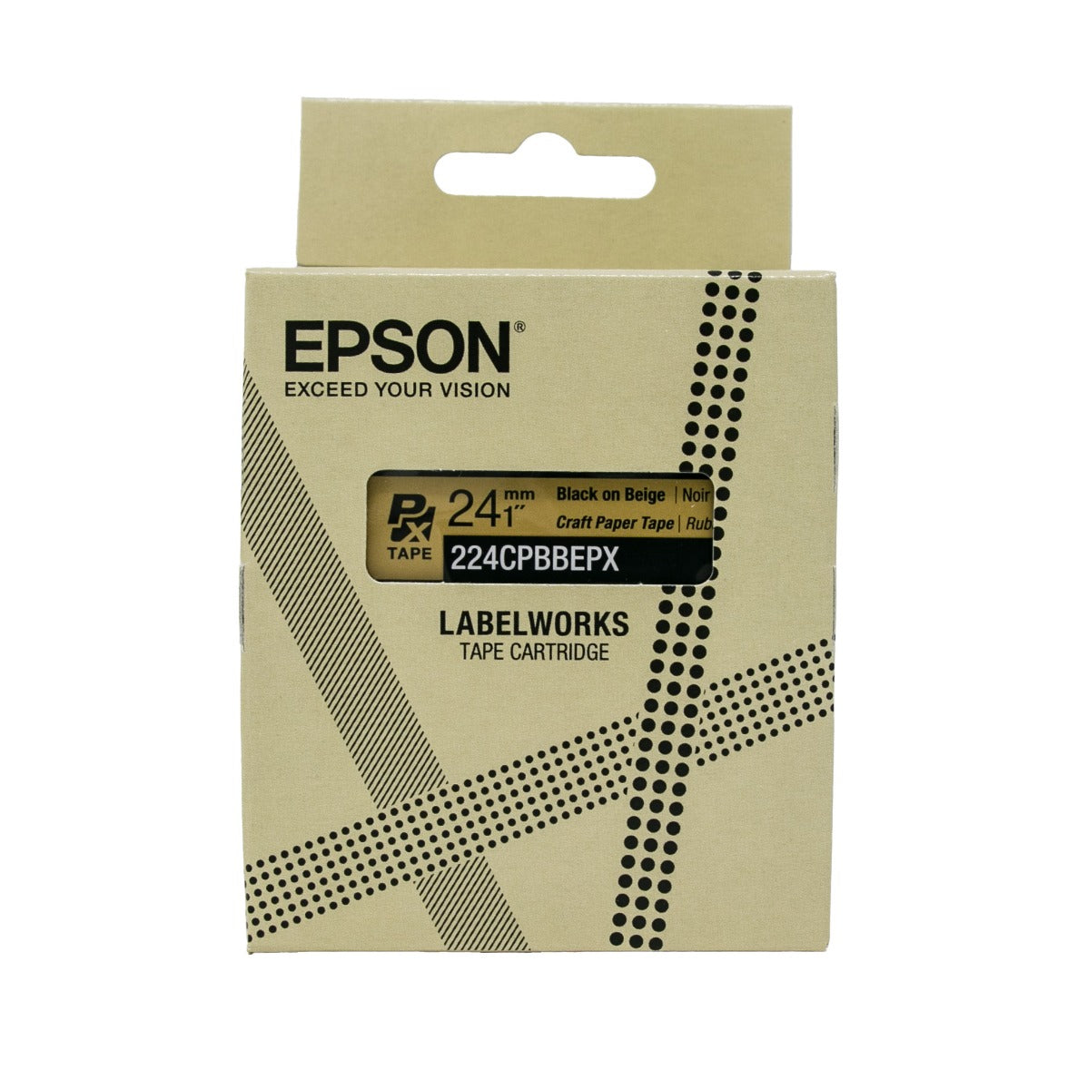 Epson LabelWorks PX 1" (24mm) X 16.5 FT Black on Beige Craft Paper Tape - 224CPBBEPX