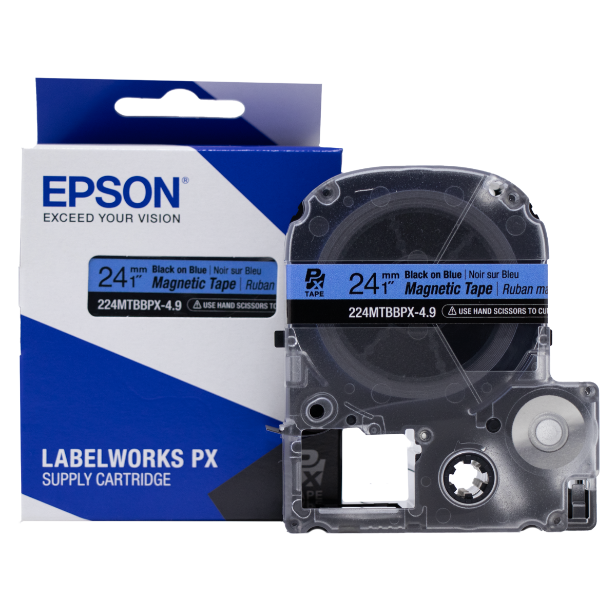 Epson LABELWORKS PX Magnetic 1" (24mm) x 4.9 ft  Black on Blue Tape - 224MTBBPX-4.9 With Box