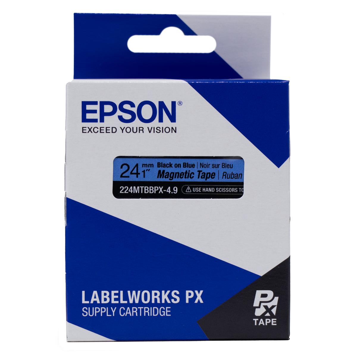 Epson LABELWORKS PX Magnetic 1" (24mm) x 4.9 ft  Black on Blue Tape - 224MTBBPX-4.9 Box