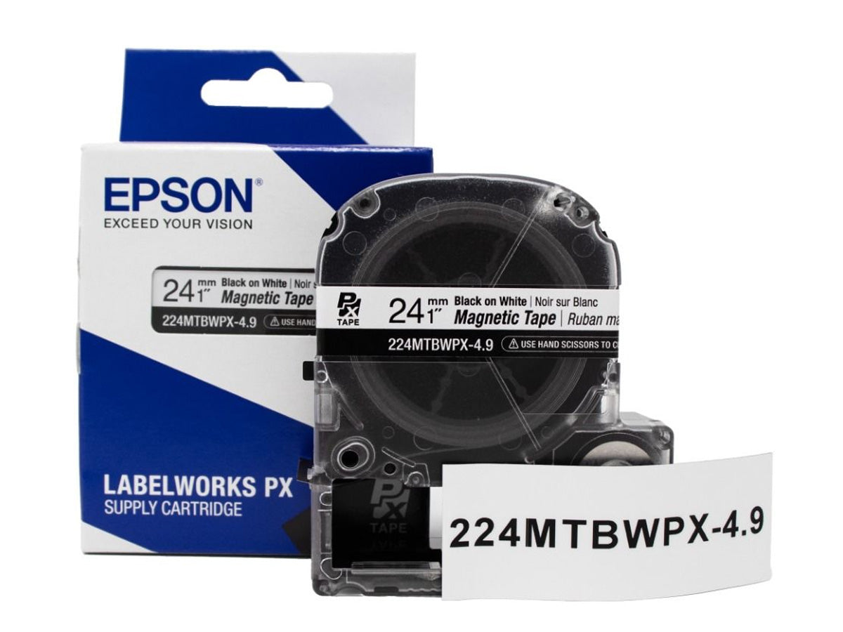 Epson LABELWORKS PX Magnetic 1" (24mm) x 4.9 ft Black on White Tape - 224MTBWPX-4.9