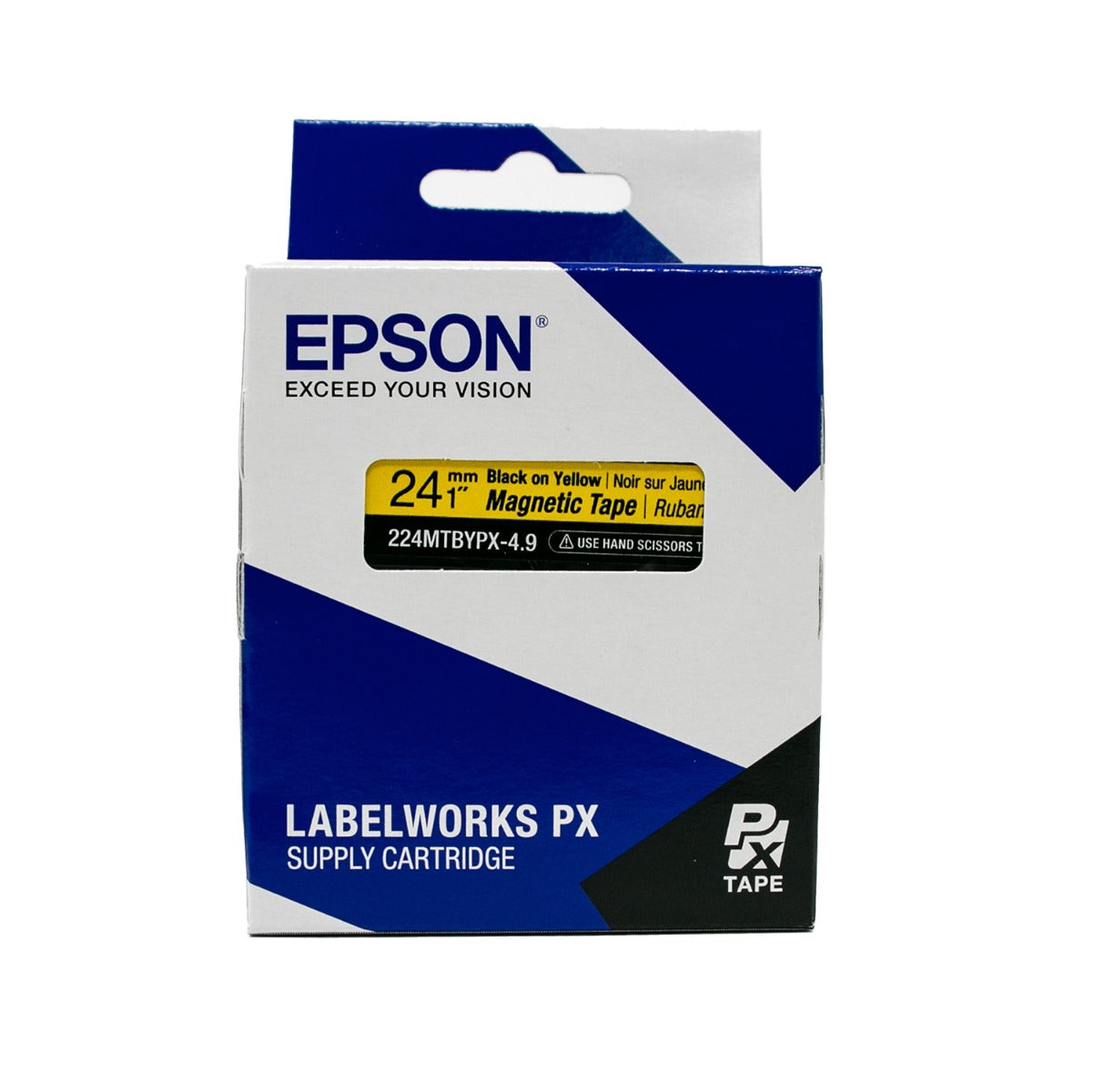 Epson LABELWORKS PX Magnetic 1" (24mm) x 4.9 ft  Black on Yellow Tape - 224MTBYPX-4.9