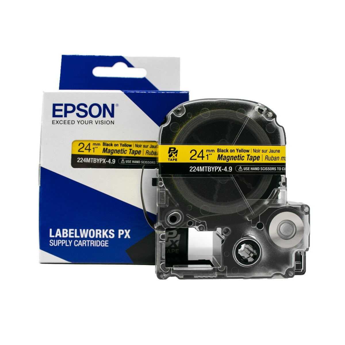 Epson LABELWORKS PX Magnetic 1" (24mm) x 4.9 ft  Black on Yellow Tape - 224MTBYPX-4.9