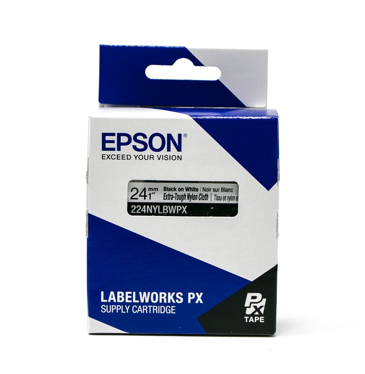 Epson LabelWorks PX Extra-Tough Nylon Cloth 1" x 19’ Black on White Tape - 224NYLBWPX