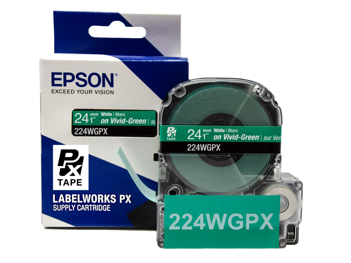 Epson LABELWORKS PX Standard 1" (24mm) x 30 ft White on Vivid-Green Tape - 224WGPX