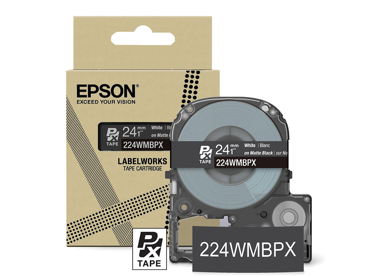 Epson LabelWorks PX Matte 1" (24mm) X 26 FT White on Matte Black Tape - 224WMBPX