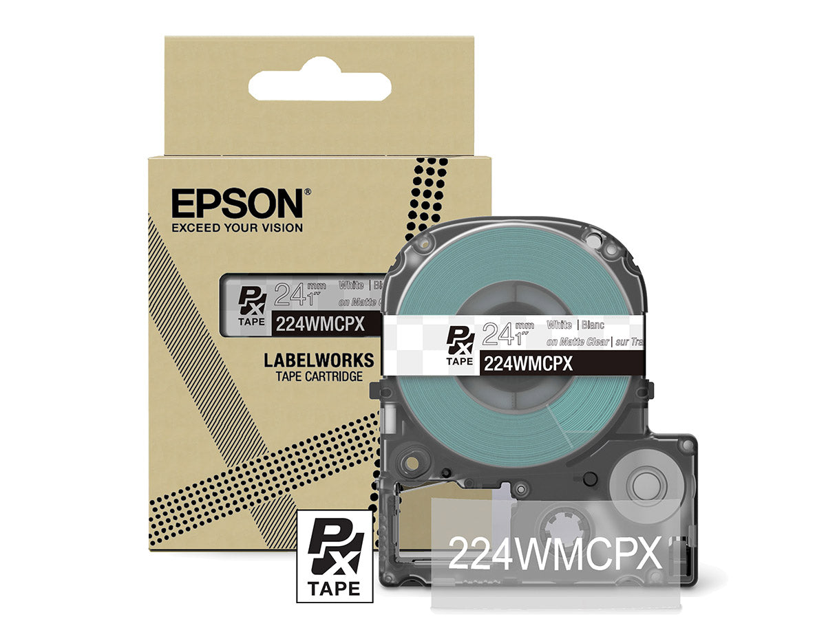 Epson LabelWorks PX Matte 1" (24mm) X 26 FT White on Clear Matte Tape - 224WMCPX