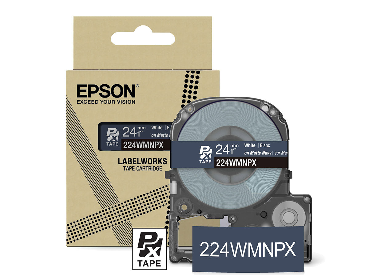 Epson LabelWorks PX Matte 1" (24mm) X 26 FT White on Matte Navy Tape - 224WMNPX