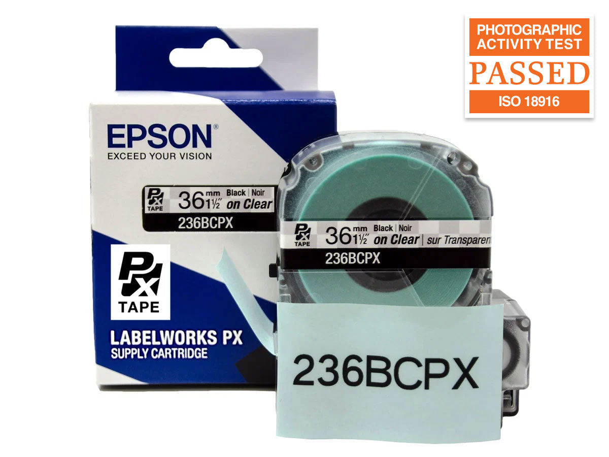 Epson LABELWORKS PX Standard 1½" (36mm) x 30 ft Black on Clear Tape - 236BCPX
