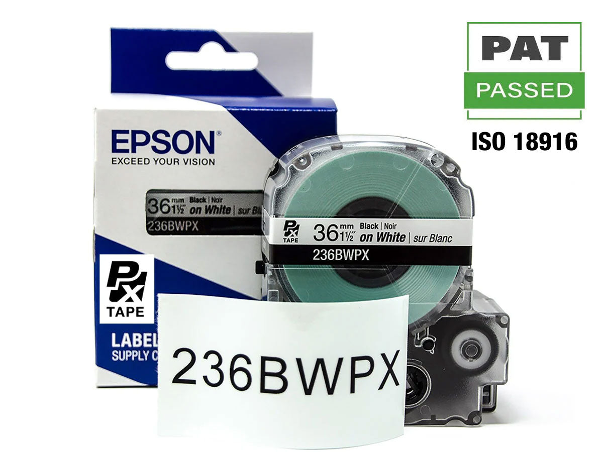 Epson LABELWORKS PX Standard 1½" (36mm) x 30 ft Black on White Tape - 236BWPX
