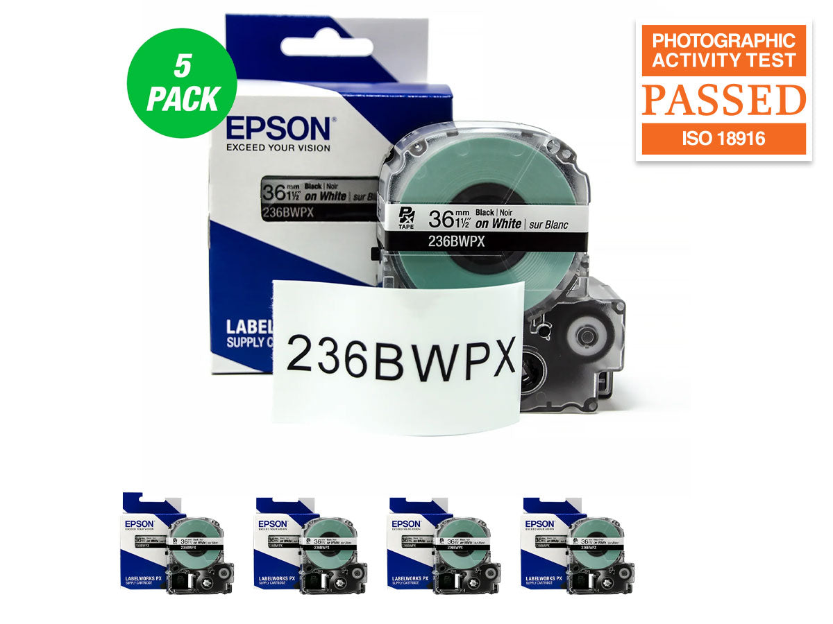 Epson LABELWORKS PX Standard 1½" (36mm) x 30 ft Black on White Tape 5 Pack - 236BWPX-5PK