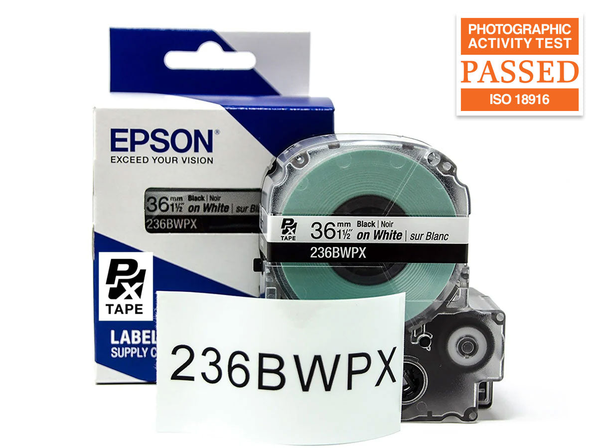 Epson LABELWORKS PX Standard 1½" (36mm) x 30 ft Black on White Tape 5 Pack - 236BWPX-5PK